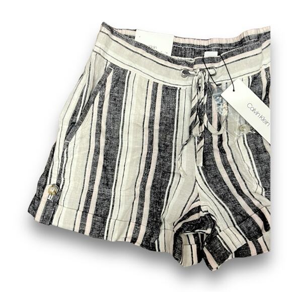 CALVIN KLEIN Gray Ivory Light Pink Stripe Hi Waist Shorts tie front/cuff hem 4 - Picture 4 of 16
